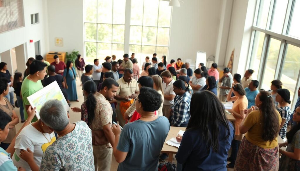 A diverse group of community members gathered in a well-lit, airy community center. In the foreground, people of various ages and backgrounds are engaged in lively discussions, sharing ideas and collaborating on a large, interactive map or whiteboard. The middle ground features breakout groups huddled around tables, brainstorming and taking notes. In the background, large windows flood the space with natural light, conveying a sense of openness and transparency. The overall atmosphere is one of active engagement, open communication, and a shared commitment to shaping the future of the neighborhood.