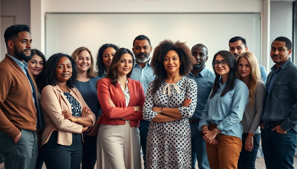 A diverse group of confident leaders standing tall, their faces illuminated by soft, warm lighting. In the foreground, a mix of genders, races, and ages stand united, their postures conveying a sense of accountability and responsibility. In the middle ground, the leaders engage in thoughtful discussion, their body language showcasing open communication and collaborative decision-making. The background depicts a modern, minimalist office setting, hinting at the professional yet inclusive environment they foster. The overall atmosphere is one of purposeful leadership, where diversity and inclusion are the cornerstones of success.