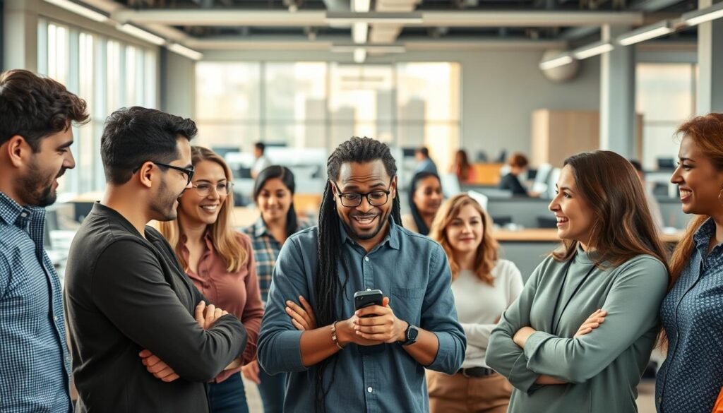 A diverse group of people facing various challenges in an inclusive workplace setting. In the foreground, employees of different ages, races, and abilities engage in animated discussions, expressing both enthusiasm and frustration. The middle ground features a neutral meeting space with subtle power dynamics at play, while the background depicts an open-concept office with varied workstations and collaborative areas. Warm, natural lighting filters through large windows, creating a sense of openness and potential. The overall atmosphere conveys the complexities and nuances of fostering a truly inclusive environment, where diverse perspectives and experiences converge.