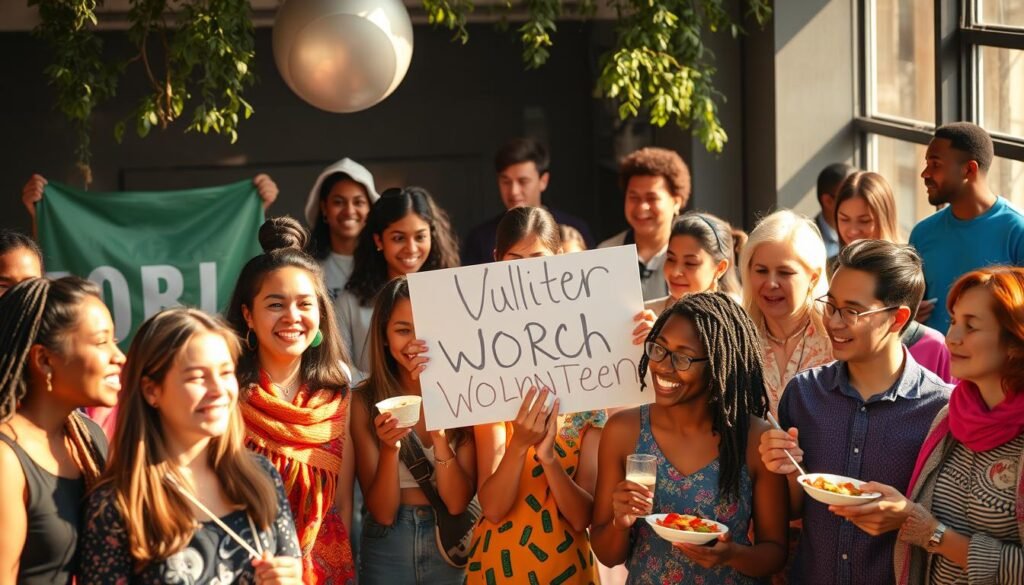 A diverse group of people from different cultures and backgrounds, engaged in various global activities - volunteering at an international non-profit organization, participating in a climate protest march, learning a new language, and exploring different cuisines. The scene is bathed in warm, natural lighting, captured with a wide-angle lens to convey a sense of inclusivity and interconnectedness. The overall mood is one of optimism, collaboration, and a shared commitment to making the world a better place.