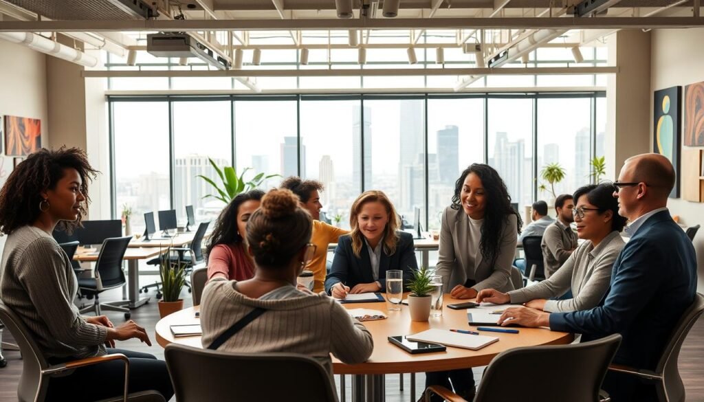 A diverse group of professionals working collaboratively in a modern, well-lit office space. In the foreground, colleagues of varying ages, races, and gender identities engage in a lively discussion around a circular conference table. The middle ground features an open floor plan with ergonomic workstations, plants, and vibrant artwork adorning the walls. The background showcases floor-to-ceiling windows overlooking a bustling city skyline, creating a sense of connectivity and community. Warm, soft lighting and a muted color palette convey a welcoming, inclusive atmosphere.
