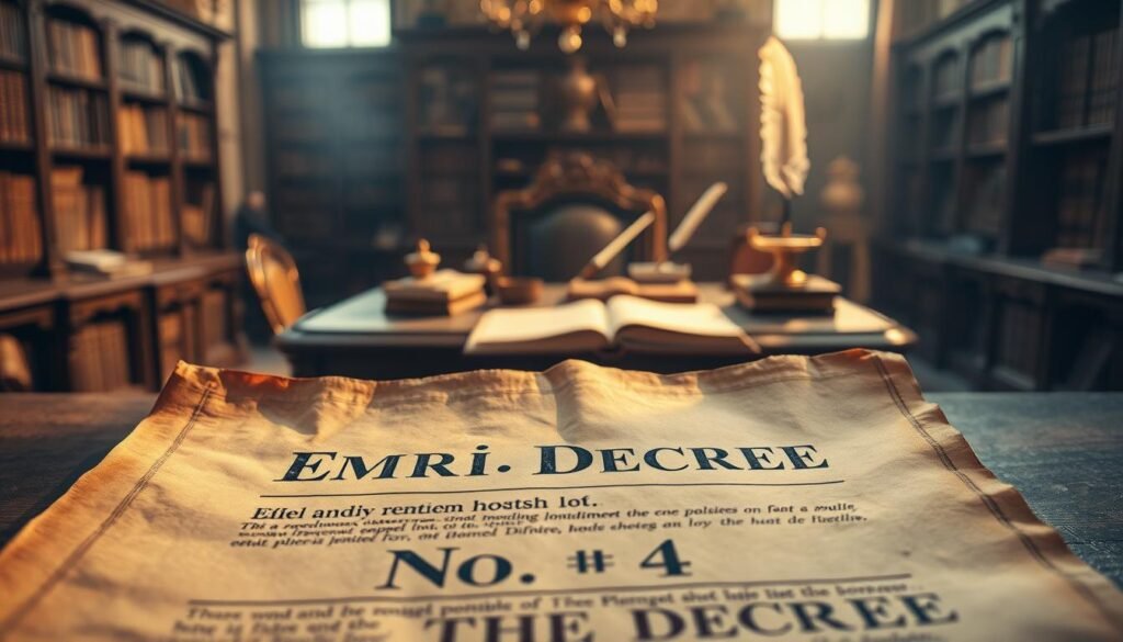 A faded and weathered official document titled "Emiri Decree No. 4" lies in the foreground, its edges curled and stained with age. The document is illuminated by a warm, golden light, casting subtle shadows that give it a sense of depth and texture. In the middle ground, a grand, ornate wooden desk sits, its surface cluttered with old books, inkwells, and a quill pen, suggesting a scholarly and administrative setting. The background is hazy, with the faint outlines of bookshelves and a high-ceilinged room, conveying a sense of history and authority. The overall mood is one of reverence, seriousness, and a connection to the past, reflecting the significance of the document and the cultural foundation it represents.