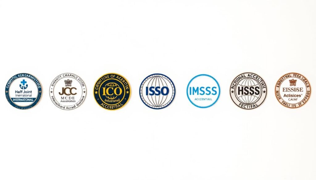 A formal, distinguished panel of international healthcare accreditation emblems and seals presented against a crisp, white backdrop. The foreground features a symmetrical arrangement of emblems from prestigious accrediting bodies like the Joint Commission International, ISO, and HIMSS, each emblem cast in a warm, golden light. The middle ground subtly showcases a sense of institutional expertise and global recognition. The background maintains a clean, minimalist aesthetic to allow the accreditation symbols to take center stage and command attention. The overall composition exudes an air of institutional credibility, clinical excellence, and international standing.