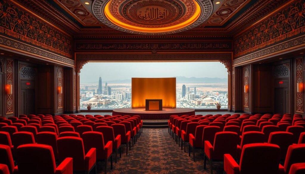 A grand ceremonial hall, adorned with intricate Arabic calligraphy and ornate architectural details. The center stage features a podium with a sleek, modern design, lit by warm, golden lighting. In the foreground, plush red velvet chairs are arranged in neat rows, ready to host an esteemed audience. The background showcases a stunning panoramic view of a vibrant cityscape, with towering skyscrapers and a majestic desert landscape beyond. The overall atmosphere conveys a sense of prestige, cultural celebration, and a deep appreciation for the arts.