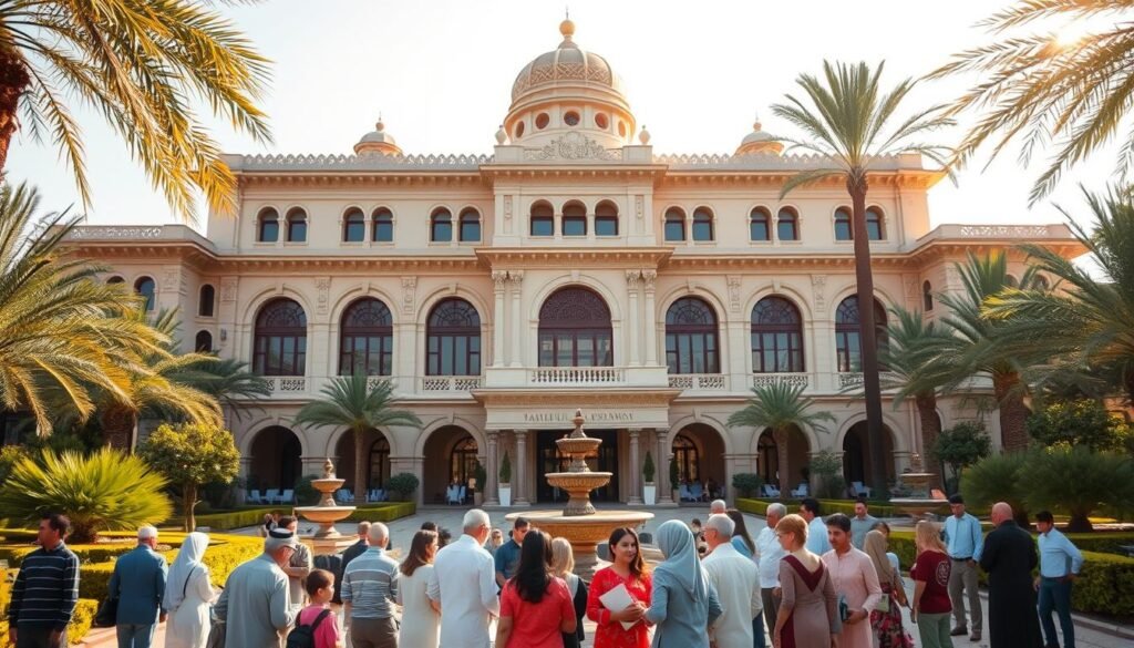 A grand, ornate building with a traditional Middle Eastern architectural style, featuring arched windows, intricate tile work, and a central domed roof. The structure is surrounded by lush, well-manicured gardens with palm trees and decorative fountains. The scene is bathed in warm, golden sunlight, creating a serene and welcoming atmosphere. In the foreground, a group of people, both young and old, are gathered, engaged in various charitable activities, conveying the spirit of community and service that defines the Takaful Charity Foundation.