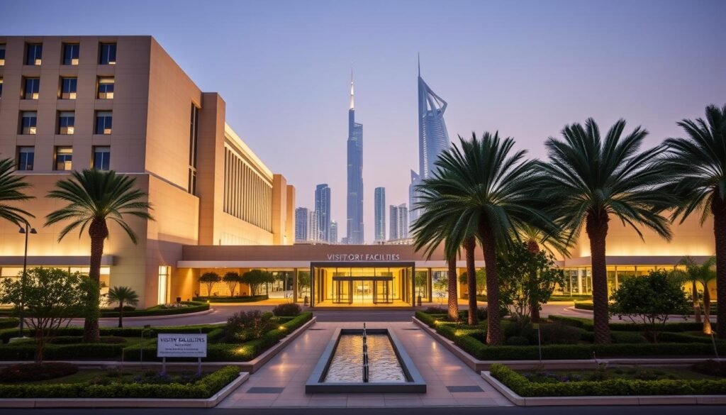 A grand, well-lit building with modern architectural features stands prominently on Sheikh Rashid bin Saeed Al Maktoum Street. The visitor facilities are showcased in the foreground, featuring a spacious entrance with glass doors and an inviting lobby. The middle ground reveals lush landscaping, including manicured gardens and water features that create a serene ambiance. In the background, the iconic skyline of Abu Dhabi's cultural district rises, highlighting the building's integration within the vibrant urban context. The overall scene conveys a sense of sophistication, cultural significance, and a welcoming environment for visitors to the Cultural Foundation.