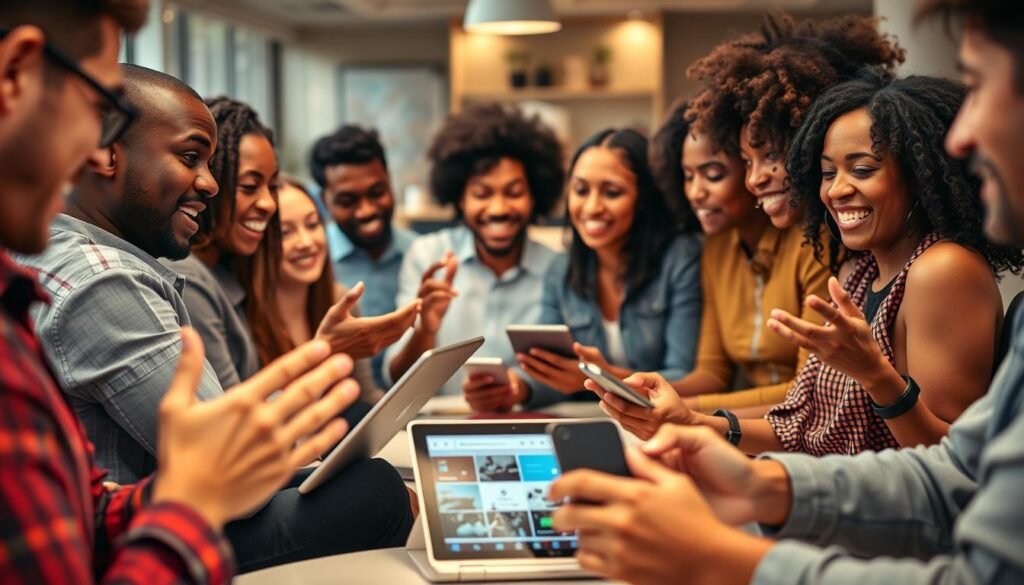 A group of diverse individuals engaged in lively discussions about their experiences with various educational platforms. The foreground features close-up shots of animated faces, hands gesturing, and laptops open, conveying a sense of active participation and exchange of ideas. The middle ground showcases a variety of digital devices, such as tablets and smartphones, symbolizing the technological aspect of modern learning. In the background, a blurred, warm-toned environment suggests a collaborative workspace or learning setting, creating an atmosphere of productive dialogue and intellectual growth. Soft, diffused lighting accentuates the warm, inviting tone, while the dynamic composition and camera angles capture the energy and engagement of the users' experiences.