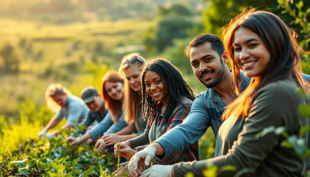 A group of volunteers participating in various specialized community service programs, including habitat restoration, animal welfare, and food bank assistance. The scene depicts a diverse team of individuals working together diligently, their faces illuminated by the warm glow of the sun. In the background, a lush, verdant landscape provides a serene and natural setting, while the foreground showcases the volunteers' commitment and camaraderie as they engage in their meaningful tasks. The composition is balanced, with the volunteers' actions and expressions conveying a sense of purpose and fulfillment. The image evokes a feeling of community, collaboration, and the positive impact that specialized volunteer programs can have on local communities.