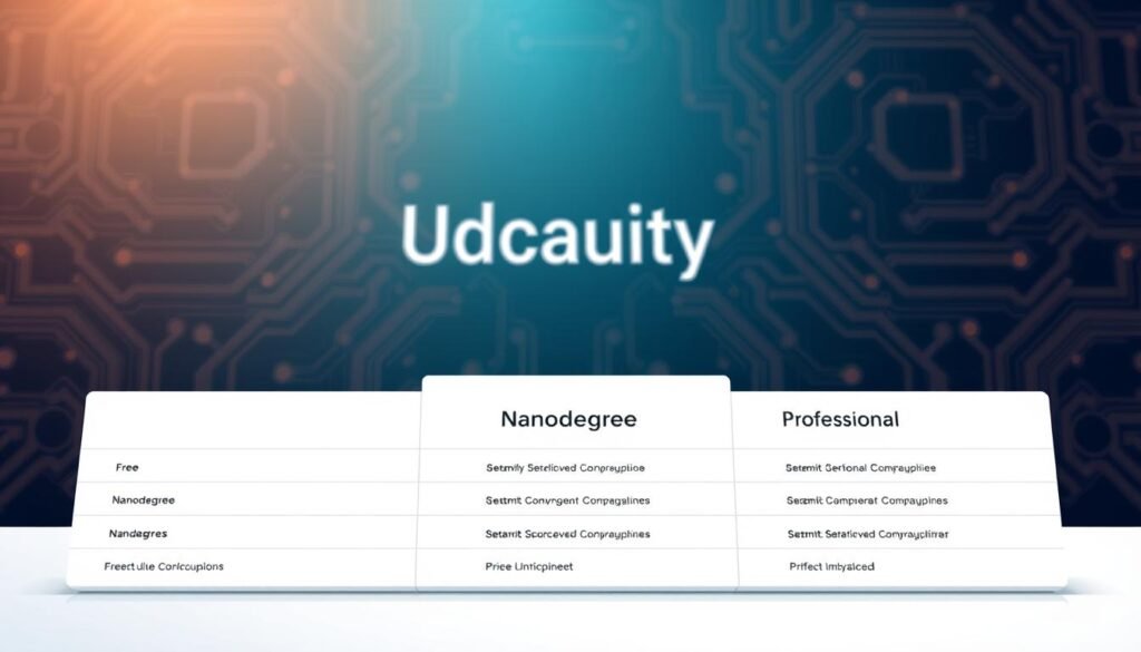 A high-quality, detailed illustration of Udacity's pricing and subscription plans. In the foreground, a clean, minimalist table showcasing Udacity's various plan options, including Free, Nanodegree, and Professional, each with their corresponding features and costs. In the middle ground, an elegant background featuring Udacity's brand colors and a subtle pattern reminiscent of circuit boards, symbolizing the digital nature of the platform. The lighting is soft and diffused, creating a warm, inviting atmosphere. The camera angle is slightly elevated, providing a comprehensive overview of the plans while maintaining a visually appealing composition. The overall mood is professional, informative, and aligned with Udacity's brand identity.
