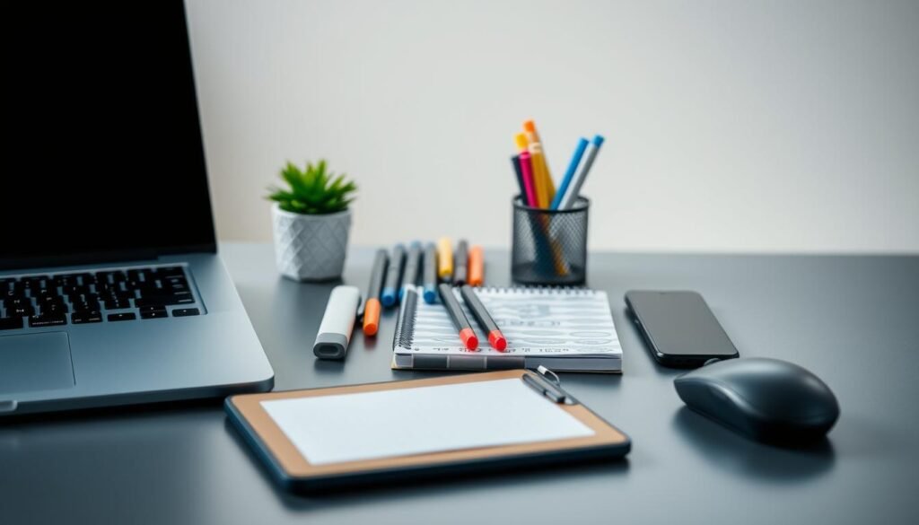 A high-quality professional studio photograph showcasing a collection of productivity-enhancing tools arranged in a visually appealing manner. The foreground features a sleek, minimalist desk setup with a laptop, a tablet, a stylus, and a wireless mouse. The middle ground includes a neatly organized array of stationery items such as pens, highlighters, and a well-designed notebook. The background subtly blurs, creating a sense of depth and focus on the central workspace. The lighting is soft and natural, accentuating the clean, modern aesthetic. The overall composition and color palette convey a sense of efficiency, organization, and a distraction-free work environment.