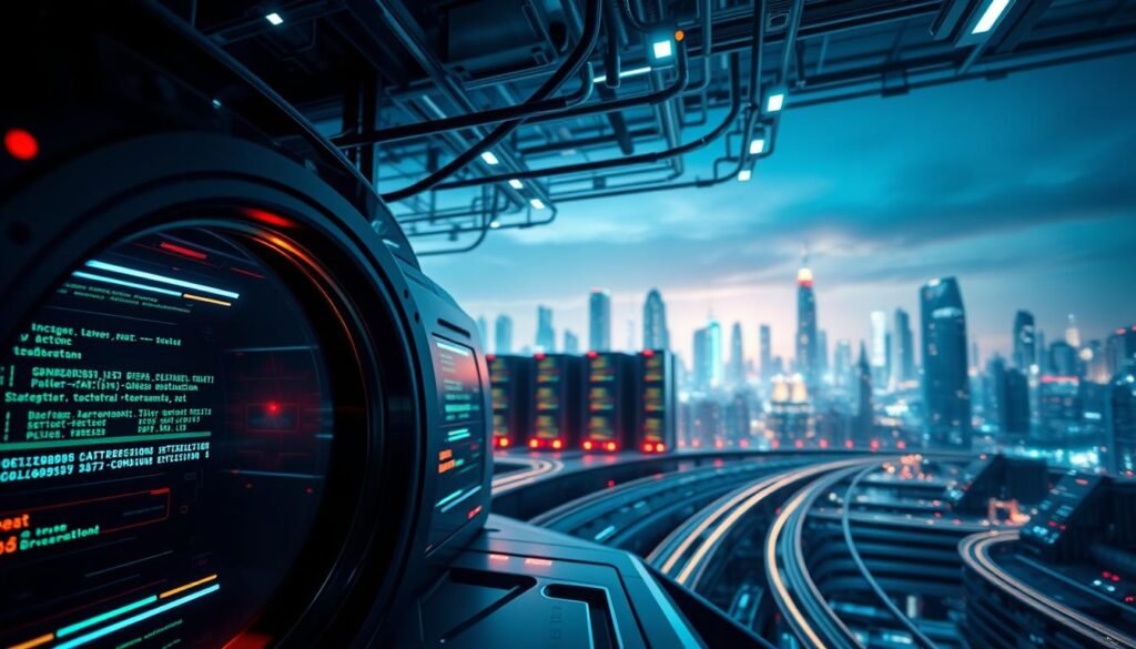 A high-tech VPN network with advanced security features. In the foreground, a secure data tunnel with encrypted data packets flowing through. In the middle ground, a cluster of server nodes connected by sleek, glowing cables. In the background, a digital cityscape with skyscrapers and a futuristic skyline. Utilize a cinematic, low-angle perspective to convey a sense of scale and technological sophistication. Employ dramatic lighting, with neon-like highlights and shadows to accentuate the complex architecture. The overall mood should be one of cutting-edge innovation and robust, enterprise-grade data protection.