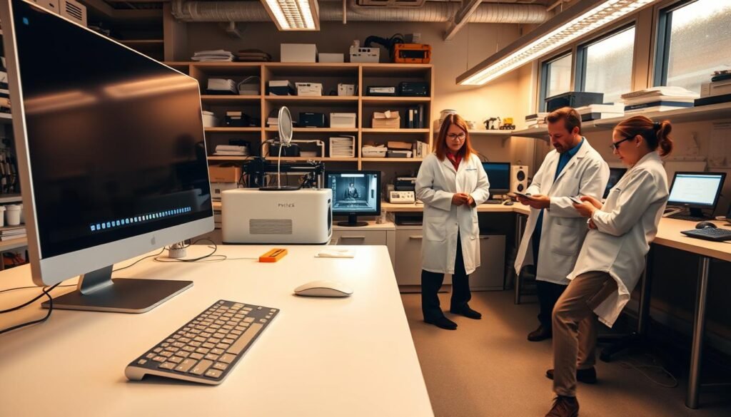 A laboratory workspace filled with assistive technology solutions for visual impairment. In the foreground, a sleek white desk with a high-resolution display, braille keyboard, and tactile mouse. Behind it, a 3D printer rapidly producing custom accessibility aids. In the middle ground, researchers in white lab coats examine prototypes under warm, focused lighting. In the background, shelves brimming with specialized hardware, software, and research materials. An atmosphere of innovation, collaboration, and a steadfast commitment to empowering the visually impaired community.