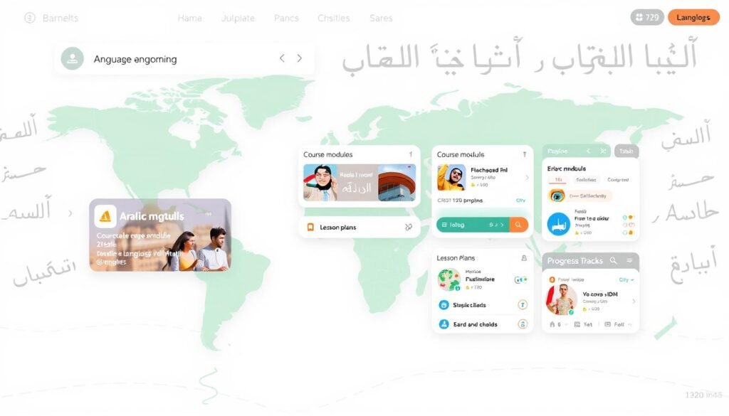 A language learning application interface, featuring a clean and modern design with a focus on intuitive user experience. The foreground showcases a stylized world map, symbolizing the global reach and diversity of languages. The middle ground displays interactive course modules, lesson plans, and progress tracking tools. The background subtly incorporates elements of Arabic script, hinting at the app's specialized content for Arabic language learners. The overall atmosphere is one of productivity, engagement, and a sense of personal growth and empowerment through language acquisition.