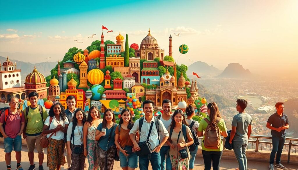 A lively illustration of the essentials for volunteering abroad. In the foreground, a diverse group of volunteers, each with a unique skill set, stands ready to embark on their global adventure. In the middle ground, a vibrant collage of cultural icons, from traditional dress to local cuisine, hints at the immersive experiences that await. The background is a panoramic vista, showcasing the breathtaking landscapes and architectural wonders that draw volunteers to far-flung corners of the world. Warm, golden lighting illuminates the scene, evoking a sense of excitement and possibility. Captured with a wide-angle lens, the composition invites the viewer to imagine themselves as part of this dynamic, multicultural tapestry.