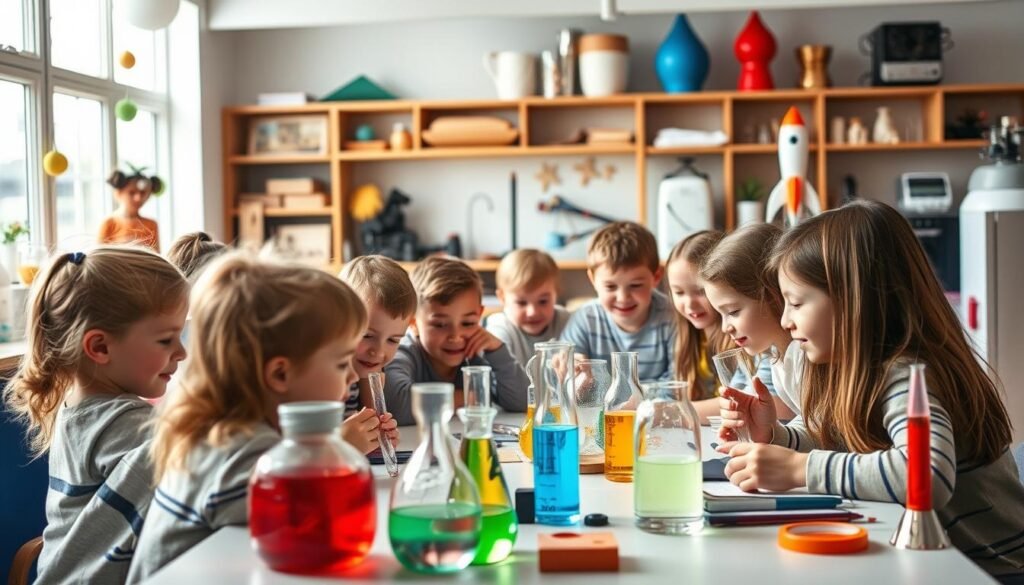A lively scene of interactive science experiments for children. In the foreground, a group of kids eagerly gather around a table, their faces alight with curiosity as they observe colorful chemical reactions or conduct hands-on experiments. The middle ground features various science-themed props and equipment, such as beakers, test tubes, and model rockets, all inviting young minds to explore. The background sets the scene in a cozy, well-equipped learning space, with bright lighting and a warm, educational atmosphere that encourages discovery and wonder. The overall composition conveys the joy and excitement of learning through interactive scientific experiences tailored for children.