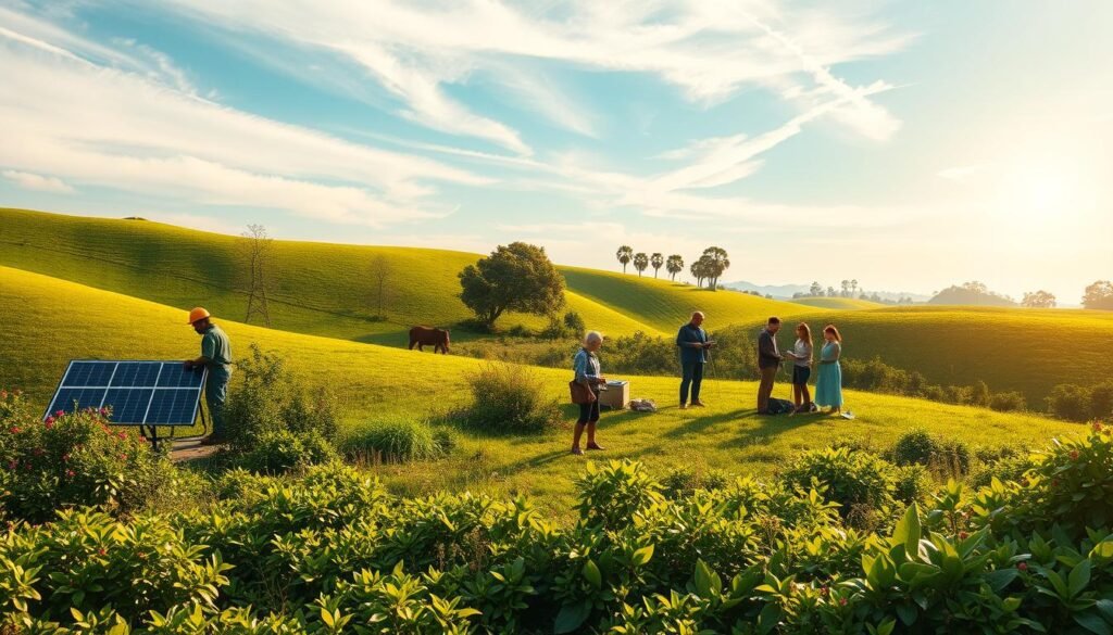 A lush, verdant landscape with rolling hills and vibrant foliage. In the foreground, a diverse array of thriving green careers are depicted - a solar panel technician installing a clean energy system, a wildlife biologist studying endangered species, a sustainability consultant advising on eco-friendly business practices, and an urban planner designing a sustainable city. In the middle ground, people of all ages and backgrounds engage in meaningful, fulfilling work that contributes to a greener future. The background features a bright, sun-dappled sky with wispy clouds, conveying a sense of optimism and growth. Warm, natural lighting bathes the scene, creating a welcoming and inspiring atmosphere for this vision of environmental sustainability in action.