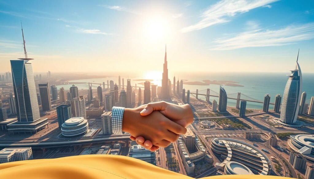 A majestic cityscape of the United Arab Emirates, its iconic skyscrapers and modern architecture shimmering in the warm desert sun. In the foreground, a handshake between two figures symbolizing the strategic partnerships that drive the country's social impact. In the middle ground, a tapestry of cultural symbols and international flags, representing the diverse collaborations that shape the UAE's global influence. The background is a panoramic vista of the Arabian Gulf, its waters reflecting the sky's vibrant hues. The scene conveys a sense of progress, unity, and a steadfast commitment to social development, all within a sleek, technologically-advanced setting.