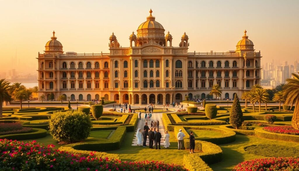 A majestic palace with ornate architecture and intricate details stands tall, symbolizing the rich history and influence of the King Khalid Foundation. The structure is bathed in warm, golden light, casting a serene and regal atmosphere. In the foreground, a lush, meticulously landscaped garden surrounds the building, with vibrant flowers and verdant greenery. In the middle ground, a group of people, representing the diverse communities the foundation serves, are engaged in various activities, showcasing the foundation's commitment to empowering the people of Saudi Arabia. The background features a panoramic view of the city skyline, hinting at the foundation's widespread impact and reach.