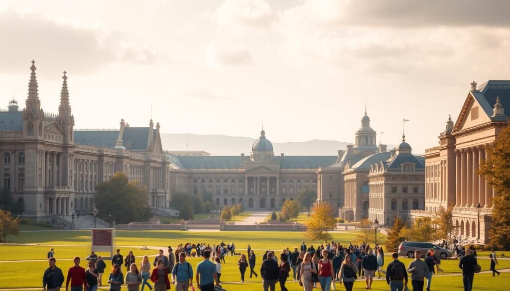 A majestic skyline of towering, prestigious university buildings in a grand, classical architectural style, with ornate spires and columns bathed in warm, golden sunlight. In the foreground, groups of diverse students stroll the lush, verdant campus grounds, engaged in lively discussions. The mid-ground features state-of-the-art research facilities and modern lecture halls, while the background showcases historic libraries and administrative buildings that radiate an atmosphere of academic excellence and innovation. The overall scene conveys a sense of timeless tradition, intellectual rigor, and collaborative learning.