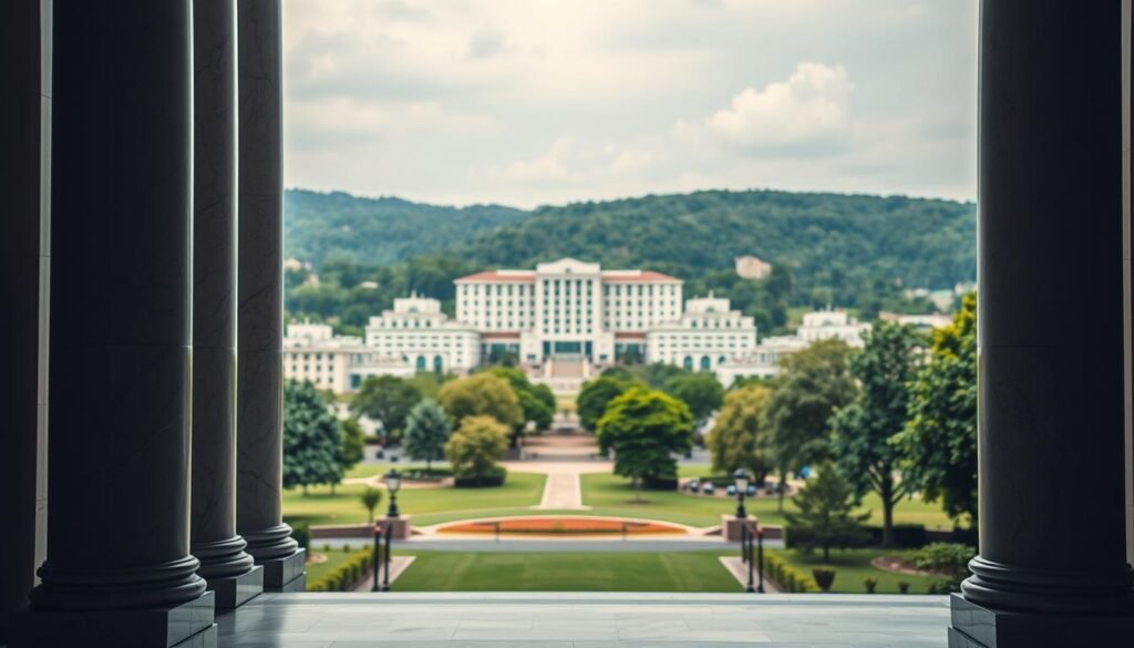 A meticulously crafted legal framework for the Social Care Minors Affairs Foundation, depicted in a formal, authoritative style. In the foreground, a grand marble-columned entrance leads into the foundation's headquarters, exuding a sense of gravitas and institutional integrity. The middle ground features a sprawling campus of modern, well-appointed buildings, conveying the scope and resources of the organization. In the background, a verdant, park-like setting creates a calming, nurturing atmosphere, symbolizing the foundation's mission to support and protect vulnerable youth. Subtle lighting from above casts a warm, professional glow, while a shallow depth of field draws the viewer's focus to the architectural details. The overall impression is one of a well-established, reputable institution dedicated to providing comprehensive social care services.