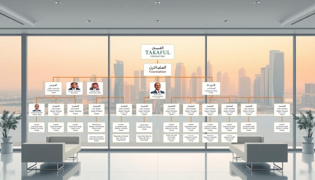 A meticulously detailed organizational chart depicting the administrative structure of the Saudi charity Takaful Foundation. The foreground showcases an elegant corporate hierarchy, with distinct departments and leaders represented by detailed character portraits. The middle ground features a sleek, modern office interior with minimalist furniture and clean lines. The background sets the scene with a panoramic view of the Riyadh skyline, its towering skyscrapers bathed in warm, golden light. The overall tone conveys a sense of professionalism, efficiency, and philanthropic purpose befitting a leading Saudi Arabian charitable organization.
