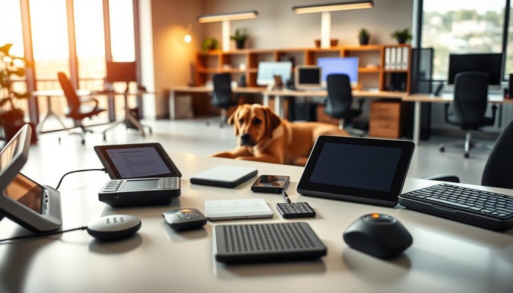 A meticulously detailed scene of assistive tools for accessibility, illuminated by warm, diffused lighting. In the foreground, a collection of screen readers, braille displays, and voice recognition software lie arranged on a sleek, minimalist desk. In the middle ground, a guide dog rests comfortably, its eyes alert and attentive. Surrounding this, the background reveals a modern, well-equipped office space, with large windows allowing natural light to flood the room, creating a sense of openness and accessibility. The overall atmosphere conveys a harmonious blend of technology and inclusivity, designed to empower individuals with visual impairments.