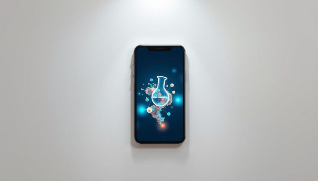 A minimalist, clean-lined mobile application interface against a soft, muted background. The app icon depicts a science beaker or test tube, conveying the concept of experimentation. The screen displays a vibrant, dynamic visualization of scientific data or an interactive simulation, drawing the user in. Gentle lighting from above casts subtle shadows, creating depth and a sense of three-dimensionality. The overall aesthetic is modern, inviting, and encourages exploration of the scientific world through the convenience of a mobile device.