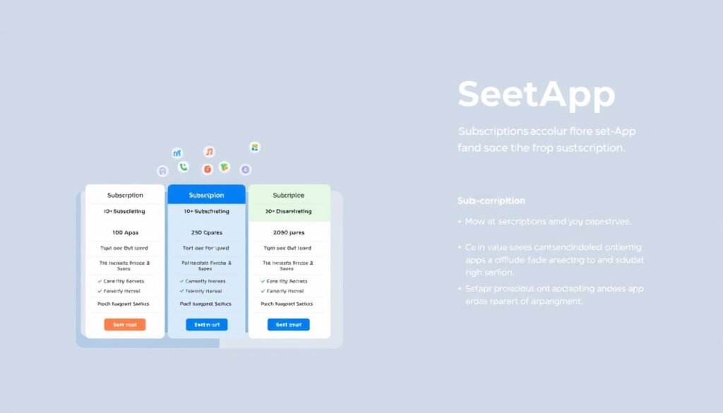 A modern and minimalist illustration showcasing the subscription plans and value proposition of the SetApp service. In the foreground, a clean grid layout displays the different subscription tiers, each with their own set of features and pricing. The middle ground features various app icons, representing the diverse selection of apps available through the SetApp platform. The background has a subtle gradient or texture, lending a polished and professional feel to the overall composition. The lighting is soft and even, creating a sense of clarity and accessibility. The angle is slightly elevated, giving the viewer a comprehensive overview of the subscription options and the breadth of the SetApp offering.