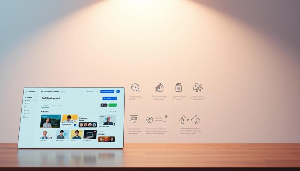 A modern, inviting self-improvement platform with a minimalist, user-friendly interface. The foreground features a clean, intuitive dashboard showcasing a variety of self-development courses and workshops. The middle ground depicts stylized icons and infographics highlighting the platform's key features and benefits. The background is a soft, warm-toned gradient, evoking a sense of calm and introspection. Gentle lighting from above casts a subtle glow, creating a focused, contemplative atmosphere. The overall composition conveys a balance of professionalism and personal growth, reflecting the platform's mission to empower individuals on their journeys of self-improvement and personal success.