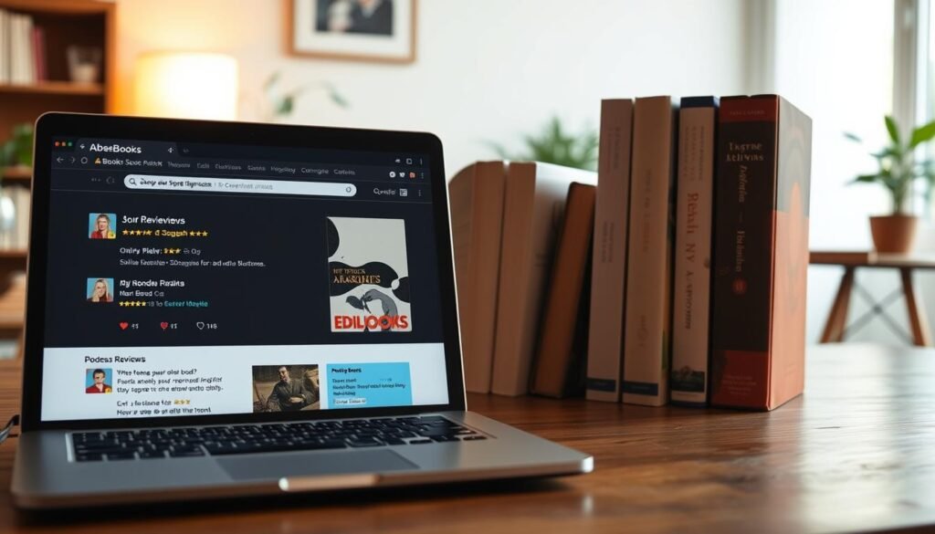 A modern, minimalist book review website interface. In the foreground, a sleek laptop displaying user reviews and ratings for various books. The middle ground showcases several physical books, their spines facing the viewer, reflecting the website's focus on the used and rare book market. The background depicts a cozy, well-lit home office setting, with a wooden desk, potted plants, and a warm, inviting atmosphere. The lighting is soft and natural, creating a sense of comfort and professionalism. The overall composition conveys the seamless integration of digital and physical book experiences, capturing the essence of the AbeBooks platform.