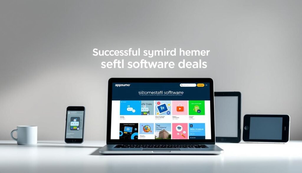 A modern, minimalist composition showcasing several successful software deals on the Appsumo platform. The foreground features a stylized laptop display with app icons, product screenshots, and pricing details. The middle ground includes a smartphone, tablet, and other digital devices, all arranged in a visually appealing layout. The background features a soft, blurred gradient in muted tones, creating a clean, professional atmosphere. The lighting is subtle, with gentle highlights accentuating the various digital products. The overall scene conveys a sense of efficiency, productivity, and the value of finding high-quality software solutions through Appsumo's curated deals.