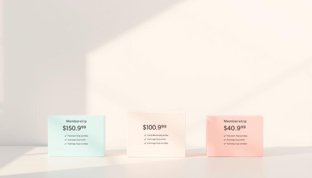 A modern, minimalist design depicting a range of Mindvalley membership plans. In the foreground, three sleek, geometric shapes in soft pastel tones represent the different subscription options. The midground features a clean, airy background with a subtle gradient, creating a sense of depth and sophistication. Soft, directional lighting casts gentle shadows, enhancing the three-dimensional quality of the shapes. The overall mood is one of simplicity, clarity, and a focus on the key membership features. The composition is well-balanced, with ample negative space to allow the membership options to be the central focus.