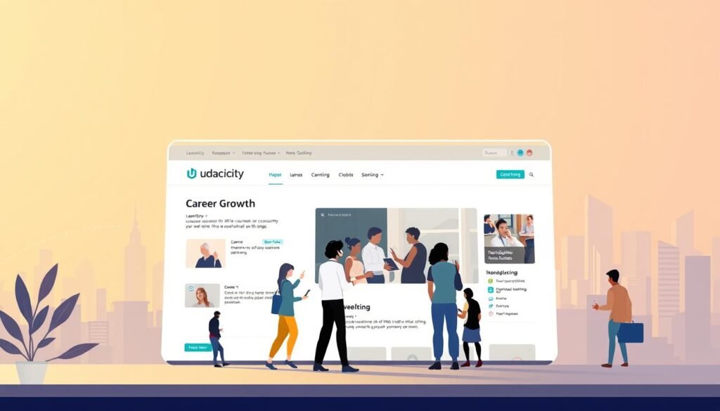 A modern, minimalist illustration of the Udacity career growth platform. In the foreground, a sleek, responsive web interface showcasing Udacity's online courses and nanodegrees, with clean typography and intuitive navigation. In the middle ground, a diverse group of learners, representing Udacity's global reach, engaged in interactive learning experiences. In the background, a dynamic cityscape symbolizing the career opportunities unlocked through Udacity's personalized education. Warm, natural lighting creates a sense of approachability and growth, while a soft, gradient backdrop emphasizes Udacity's forward-thinking vision. The overall composition conveys a seamless integration of technology, learning, and professional development.