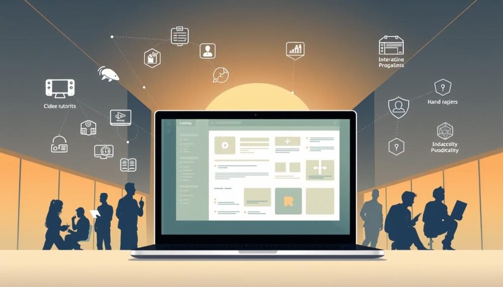 A modern, minimalist illustration showcasing the key advantages of learning with Udacity. In the foreground, an elegantly-designed laptop displays interactive course content, surrounded by a constellation of learning icons - video tutorials, interactive quizzes, hands-on projects. The middle ground features stylized silhouettes of Udacity students, engaged and motivated, against a backdrop of sleek, futuristic architecture. Subtle warm lighting casts a sense of inspiration and possibility. The overall mood is one of productivity, innovation, and empowerment through accessible, cutting-edge online education.