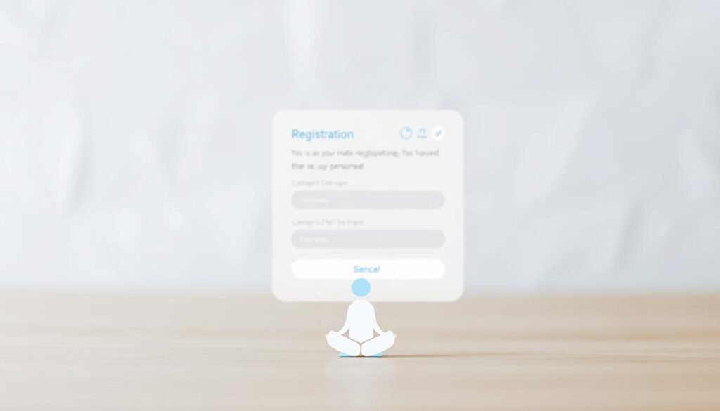 A modern, minimalist online therapy registration interface with a clean, calming aesthetic. The UI features a soft, pastel color palette with muted blues, greens, and greys. The layout is well-organized, with intuitive navigation elements and clear form fields for the user to input their personal information. In the foreground, a stylized graphic icon or illustration representing the online therapy concept, such as a person meditating or a chat bubble. The background has a subtle, blurred pattern or texture, evoking a sense of digital tranquility. The overall scene conveys a professional, trustworthy, and user-friendly online therapy registration experience.
