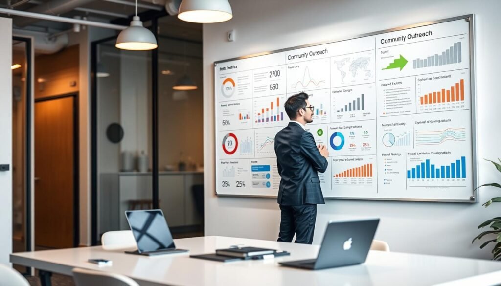 A modern office workspace with a large whiteboard on the wall, showcasing various metrics and statistics related to community outreach efforts. In the foreground, a person in business attire stands thoughtfully in front of the board, analyzing the data and visualizations. The lighting is bright and natural, with a warm, inviting atmosphere. The middle ground features a sleek, minimalist desk with a laptop, tablet, and other productivity tools. The background blurs slightly, focusing the viewer's attention on the central elements of measuring and evaluating the success of the outreach program.