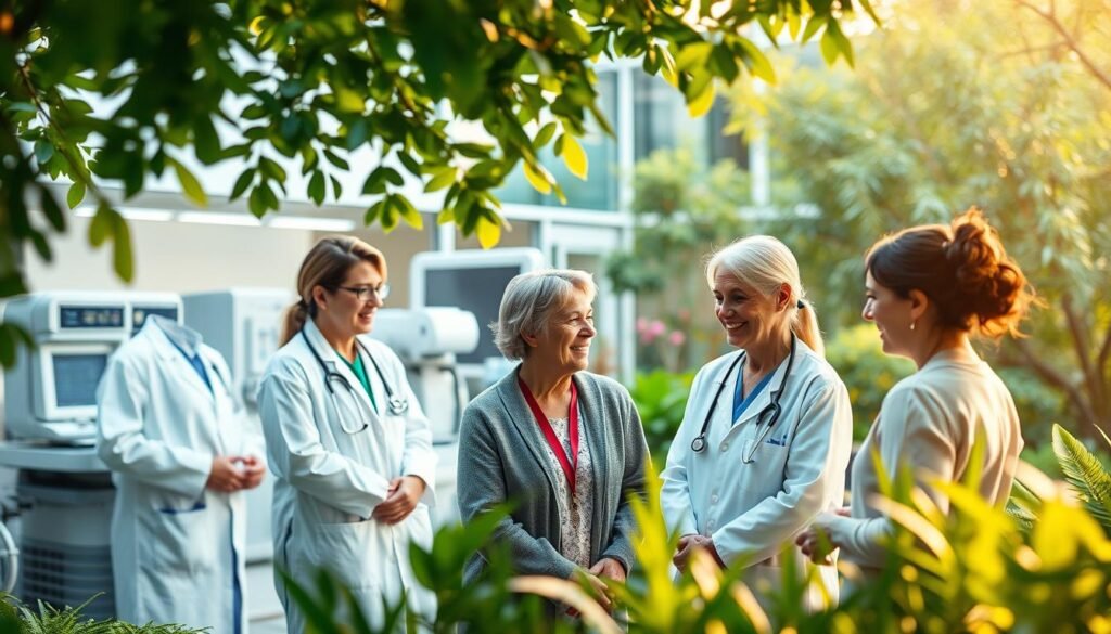 A modern, state-of-the-art cancer treatment facility nestled amidst lush greenery. In the foreground, a team of compassionate oncologists and nurses consult with a patient, their expressions radiating empathy and care. The middle ground showcases advanced medical equipment and technology, conveying the center's commitment to cutting-edge diagnostics and therapies. In the background, a serene garden oasis provides a tranquil respite, reflecting the holistic approach to patient well-being. Warm, natural lighting illuminates the scene, creating a sense of hope and healing. The overall atmosphere exudes professionalism, innovation, and a deep dedication to comprehensive cancer care.