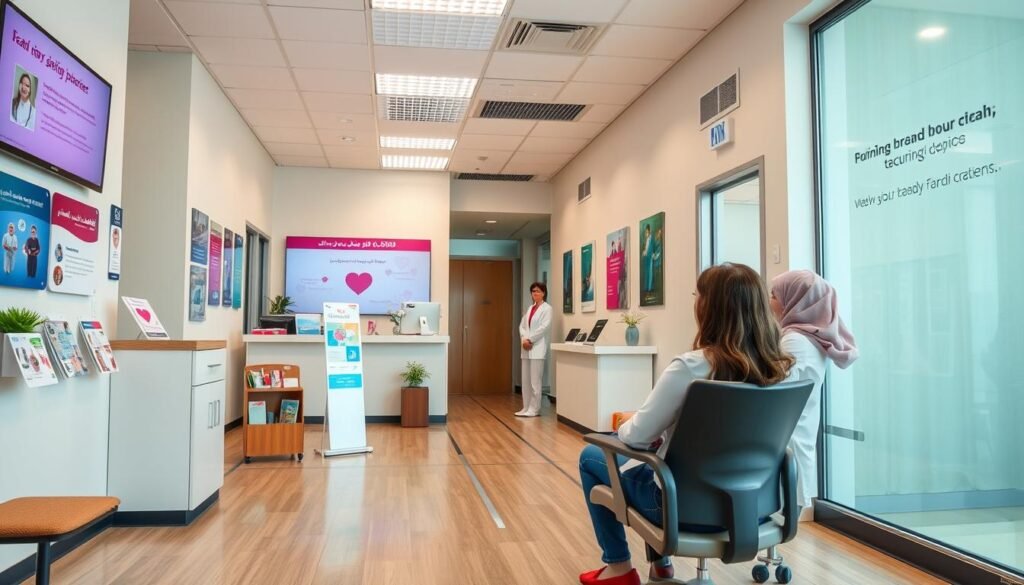 A modern, well-equipped clinic interior with bright, airy lighting and a warm, welcoming atmosphere. In the foreground, a patient sits comfortably in an ergonomic chair, engaged in a consultation with a compassionate healthcare professional. The middle ground features informative brochures, educational materials, and digital displays providing guidance on accessing support services. The background showcases a clean, organized reception area with a helpful staff member assisting other patients. The scene conveys a sense of trust, care, and empowerment, reflecting the mission of the Zahra Breast Cancer Association to support patients in Saudi Arabia.