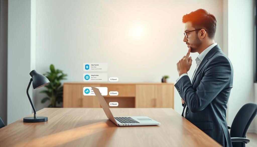 A modern, well-lit office space with a wooden desk. On the desk, a laptop displays various Appsumo deal options, highlighted by a radiant beam of light. In the foreground, a thoughtful business person examines the deals, considering their needs and budget. The background features a minimalist, serene environment with clean lines and calming tones, allowing the viewer to focus on the decision-making process. The overall mood is one of focused deliberation, with a touch of anticipation as the individual selects the most suitable Appsumo offer.