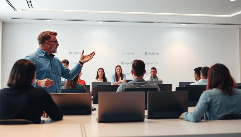 A modern, well-lit online learning platform with a clean, intuitive interface. In the foreground, a group of expert instructors in their field, gesturing passionately while delivering a virtual lecture. In the middle ground, rows of attentive students, laptops open, engaged in the lesson. The background features a sleek, minimalist design with subtle branding elements, conveying a sense of professionalism and authority. The overall atmosphere is one of productivity, education, and a commitment to providing high-quality online learning experiences.
