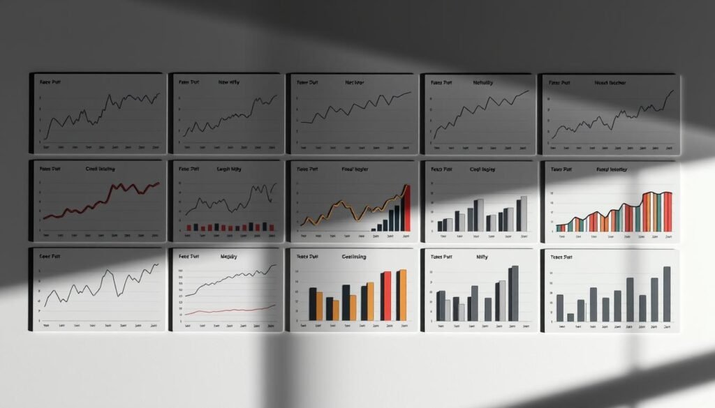 A neatly arranged grid of line charts and bar graphs showcasing the performance of various sectors within the Nifty index. The charts are rendered in a clean, minimalist style with a neutral color palette, allowing the data visualizations to take center stage. The background is a subtle gradient, adding depth and dimension without distracting from the primary focus. The overall composition is balanced and symmetrical, guiding the viewer's eye effortlessly through the analytical insights. Dramatic side lighting casts dramatic shadows, accentuating the depth and three-dimensionality of the elements. The scene is captured with a wide-angle lens, providing a comprehensive view of the nifty sector analysis.
