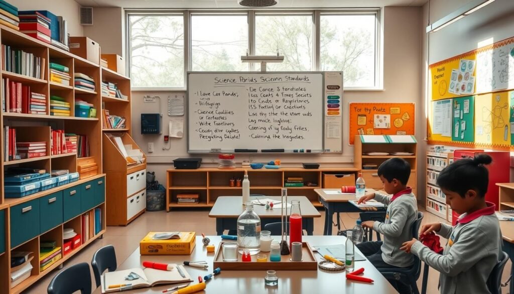A neatly organized and color-coded classroom setting, with science lab equipment and textbooks arranged on shelves and desks. In the foreground, a hands-on science experiment is underway, with various components and tools carefully laid out. The middle ground features a large whiteboard displaying science standards and curriculum alignment, illuminated by natural light filtering through large windows. The background showcases wall displays showcasing student projects and scientific diagrams. The overall scene conveys a sense of structured, engaging, and hands-on science learning.