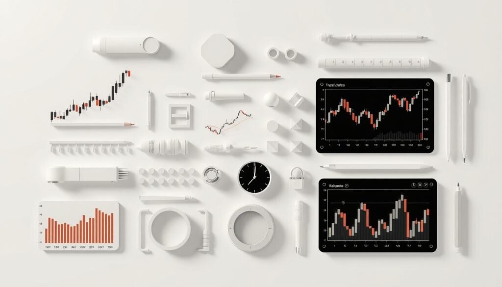A neatly organized array of technical analysis tools, including candlestick charts, trend lines, oscillators, and volume indicators, all rendered in a clean, minimalist style with a soothing, neutral color palette. The tools are arranged in a grid, with each element casting subtle shadows, creating a sense of depth and dimensionality. The overall composition exudes a sense of order and professionalism, capturing the essence of a trader's toolkit for analyzing market trends and indicators.