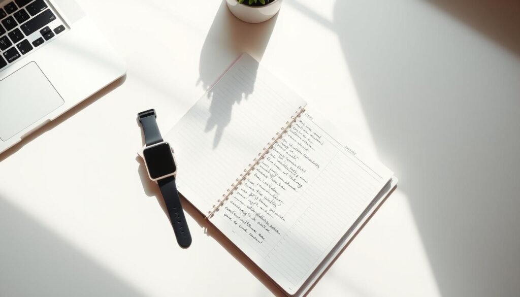 A neatly organized workspace with a clean and minimalist desk, featuring a laptop, a smartwatch, and a to-do list planner. Soft, natural lighting illuminates the scene, creating a calming and focused atmosphere. The planner's pages are open, revealing handwritten notes and a detailed schedule of daily tasks, illustrating the user's diligent approach to managing their daily life. The overall composition conveys a sense of productivity, efficiency, and a well-structured daily routine.