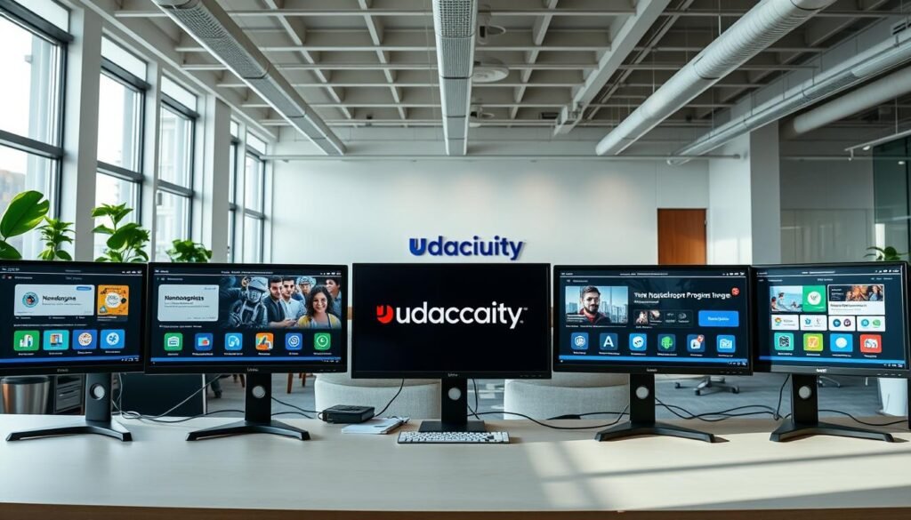 A panoramic shot of the Udacity Nanodegree programs portfolio, showcased in a modern, well-lit office setting. In the foreground, several computer screens display the diverse Nanodegree offerings, with clean icons and UI design. The middle ground features Udacity's distinctive branding, including the logo and vibrant color scheme. The background depicts a minimalist workspace with large windows, allowing natural light to illuminate the scene. The overall atmosphere conveys a sense of professionalism, innovation, and a commitment to online education and career development.