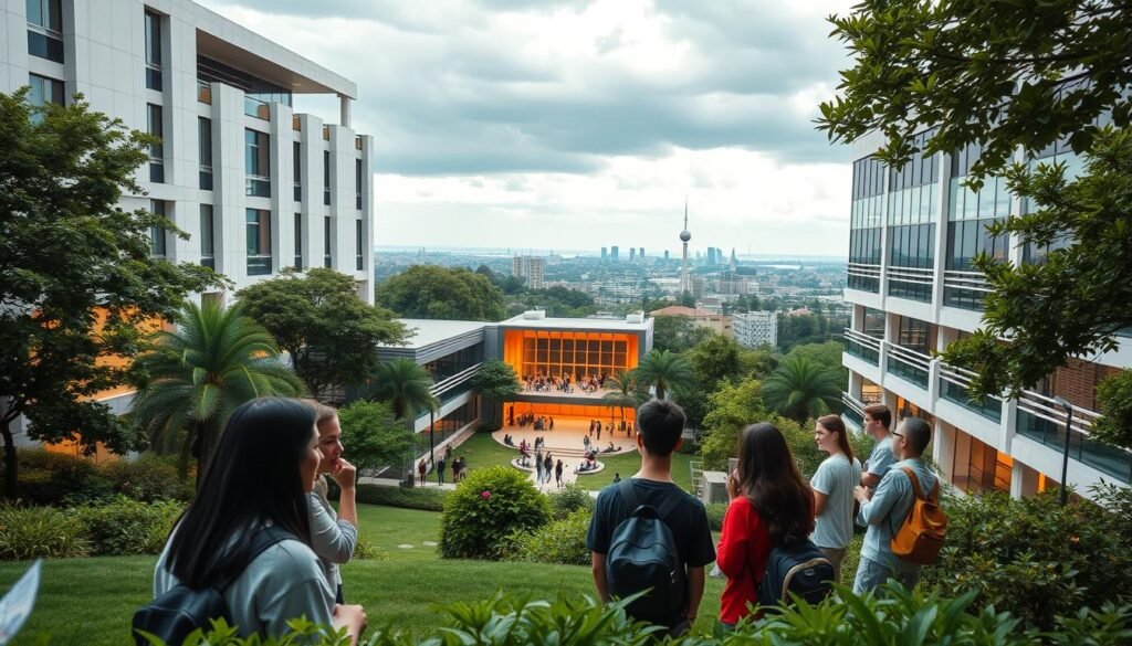 A pristine campus nestled amidst lush greenery, with modern buildings adorned with clean lines and glass facades. In the foreground, a group of students engaged in lively discussions, their faces brimming with curiosity and determination. The middle ground reveals a state-of-the-art lecture hall, its interior illuminated by warm, natural lighting. In the background, a panoramic view of the city skyline, a testament to the school's urban setting and global reach. The overall atmosphere conveys a sense of innovation, collaboration, and a relentless pursuit of knowledge - the hallmarks of Udacity's rich history and visionary approach to online education.