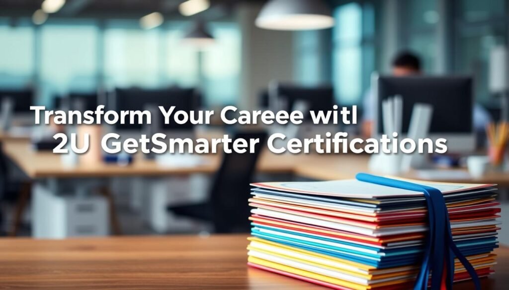 A professional and visually appealing image of career certifications for the "Transform Your Career with 2U GetSmarter Certifications" section. The image features a stack of colorful certificates and diplomas in the foreground, with a blurred background of a modern office setting with desks, computers, and office supplies. The certificates are highlighted with subtle lighting, creating a sense of depth and dimension. The overall mood is one of accomplishment, success, and the potential for growth and advancement in one's career.