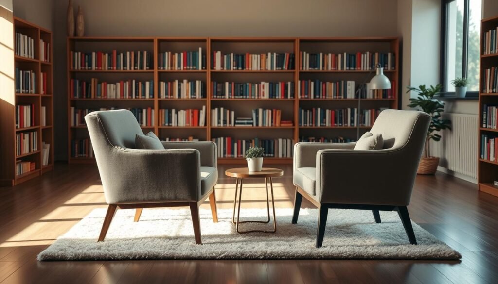 A professional therapy consultation room, with two chairs facing each other in a warm, inviting setting. The room is bathed in soft, natural lighting, creating a calming atmosphere. The chairs are positioned on a plush area rug, with a small end table between them, suggesting a thoughtful, personal interaction. In the background, bookshelves line the walls, hinting at the depth of knowledge and expertise of the practitioners. The overall scene conveys a sense of trust, empathy, and a safe space for open and honest dialogue between the therapist and client.