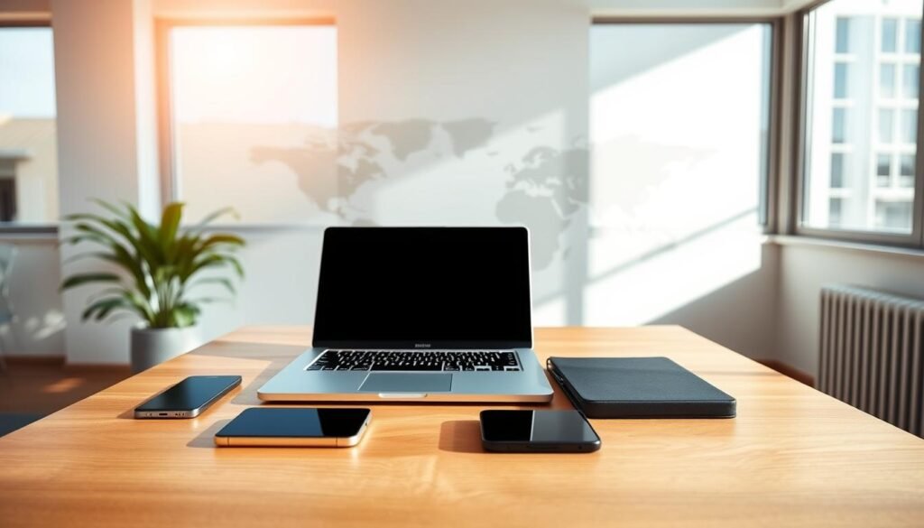 A serene, airy workspace with a laptop, tablet, and smartphone arranged neatly on a minimalist wooden desk. Warm, natural lighting filters through large windows, casting a soft glow on the scene. In the background, a stylized world map or abstract geometric pattern suggests the global reach and flexibility of online learning. The atmosphere is calm, focused, and conducive to productive, self-directed study. A sense of balance and harmony pervades the image, highlighting the convenience and adaptability of 2U GetSmarter's online education offerings.