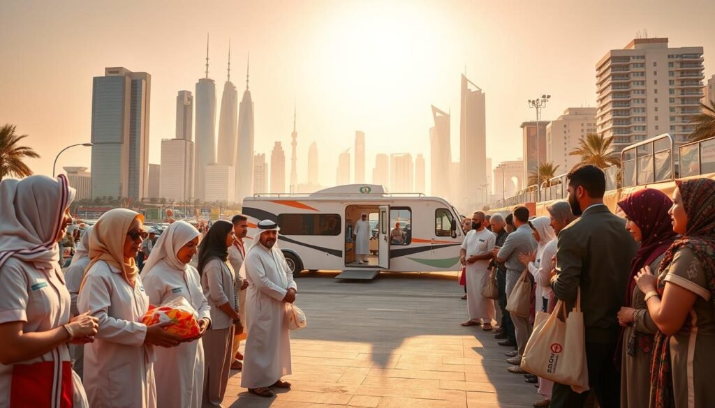 A serene and harmonious scene depicting a Zayed humanitarian mission. In the foreground, a group of aid workers in distinctive uniforms distribute food and supplies to a line of grateful recipients. In the middle ground, a modern mobile medical clinic stands ready to provide care. The background reveals a vibrant Middle Eastern cityscape, with gleaming skyscrapers and bustling streets. The overall atmosphere conveys a sense of purpose, compassion, and the UAE's commitment to global philanthropy, as inspired by the vision and values of Zayed. Warm natural lighting casts a soft glow, while a wide-angle lens captures the dynamic scope of the scene. This image encapsulates the Zayed Charitable & Humanitarian Foundation's mission to uplift and empower communities worldwide.